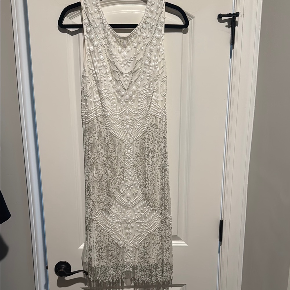 Chic White Dress with Silver Beadwork and Fringe